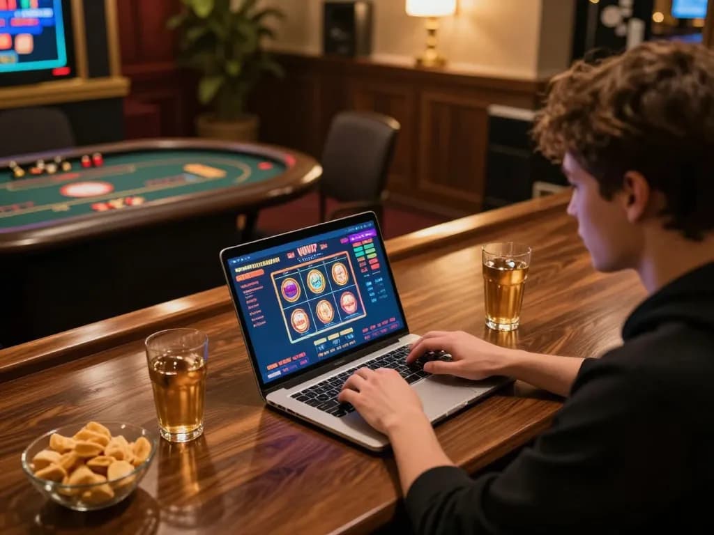 Player engaging with 100VIP online casino games in a cozy home setting.