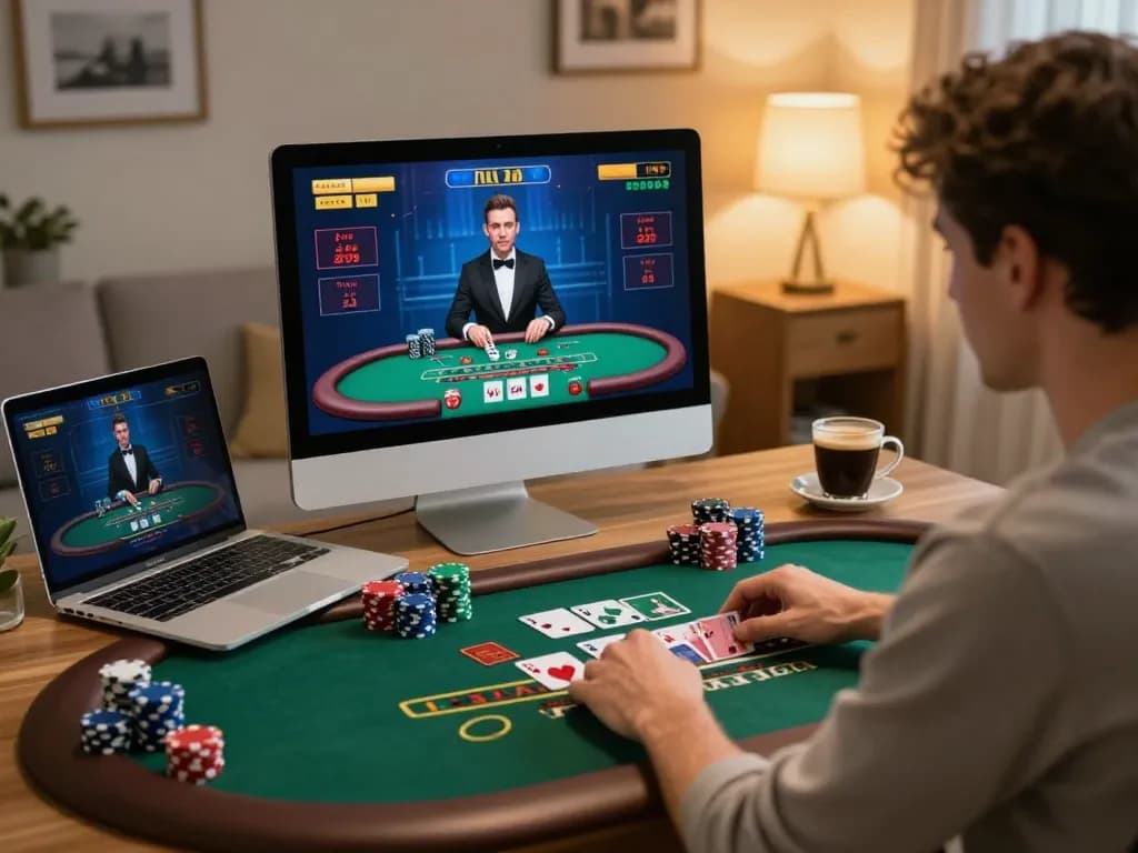 Player strategizing at f8beta2 live dealer blackjack table in a modern home setup.