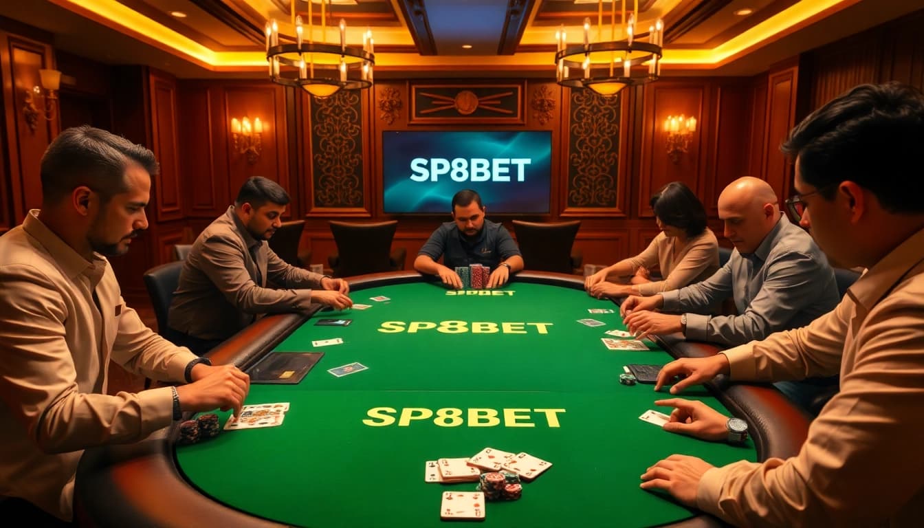 Experience thrilling gameplay at the SP8BET poker table with luxurious chips and cards.