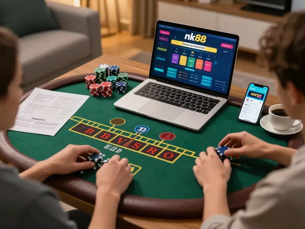 Engaging in baccarat with nk88 casino app on laptop, showcasing an online gaming setup.