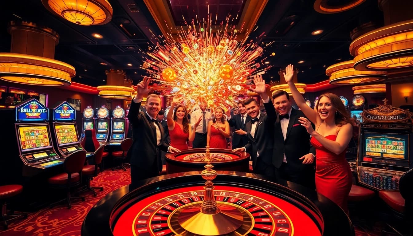 Experience the explosion of a prize-winning lottery at a glamorous casino with excited gamblers.