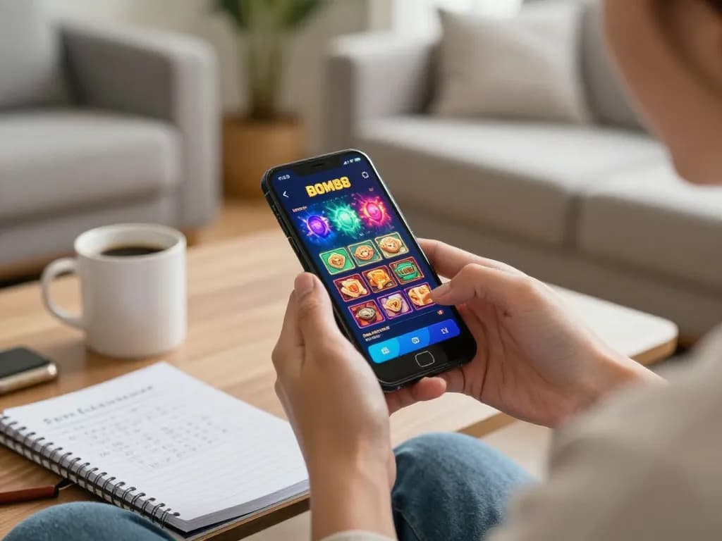 Aksi game mobile BOM88 dengan pemain yang fokus pada aplikasi kasino di pengaturan rumah yang nyaman.