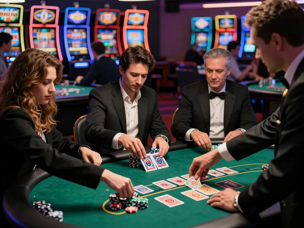 Players engaging in blackjack at a vibrant nohu casino table, focused on gameplay and strategy