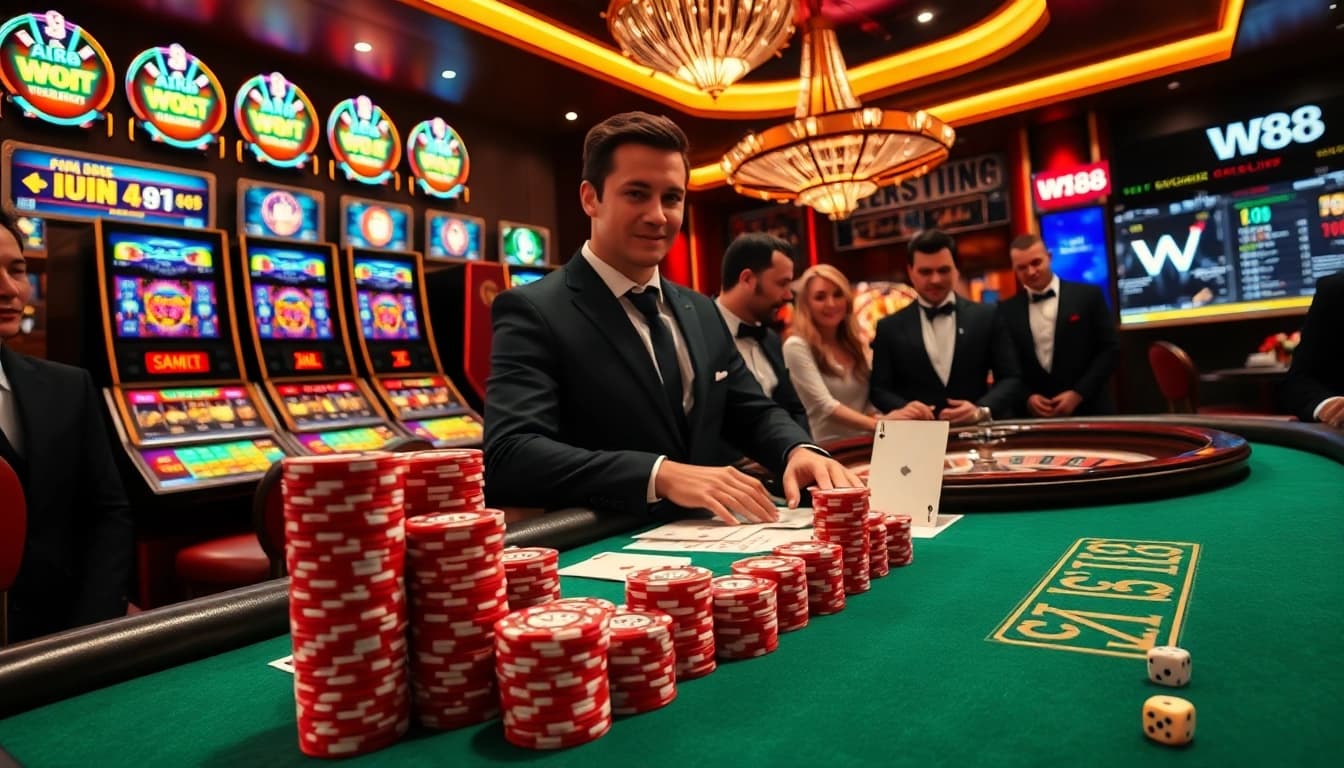 W88 poker table action with vibrant slot machines and roulette wheel, showcasing thrilling gambling excitement.