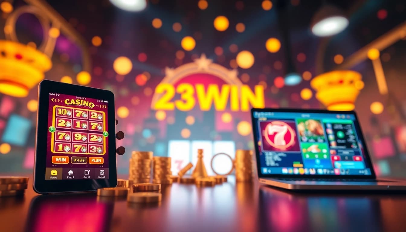 Experience the excitement of 23WIN online casino with various gaming interfaces and vibrant colors.