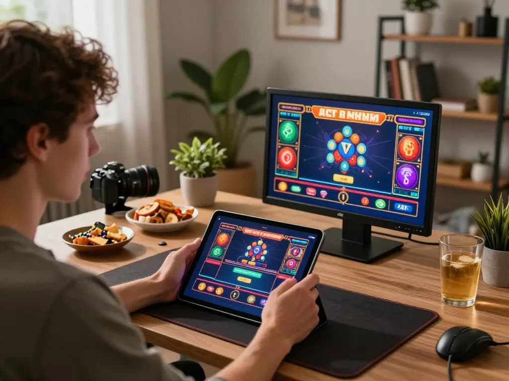 Engaging in online gaming on RIKVIP, showcasing immersive gameplay on tablet in a cozy home setting.