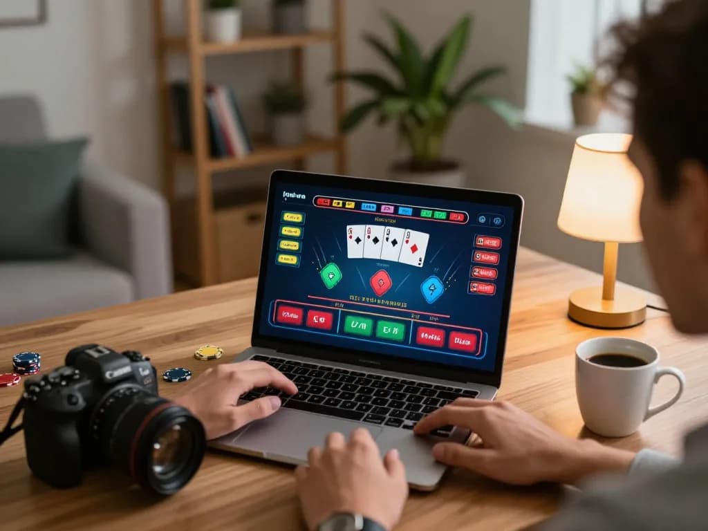 Engaged player enjoying online USA casinos with live dealer blackjack game and cozy home atmosphere.