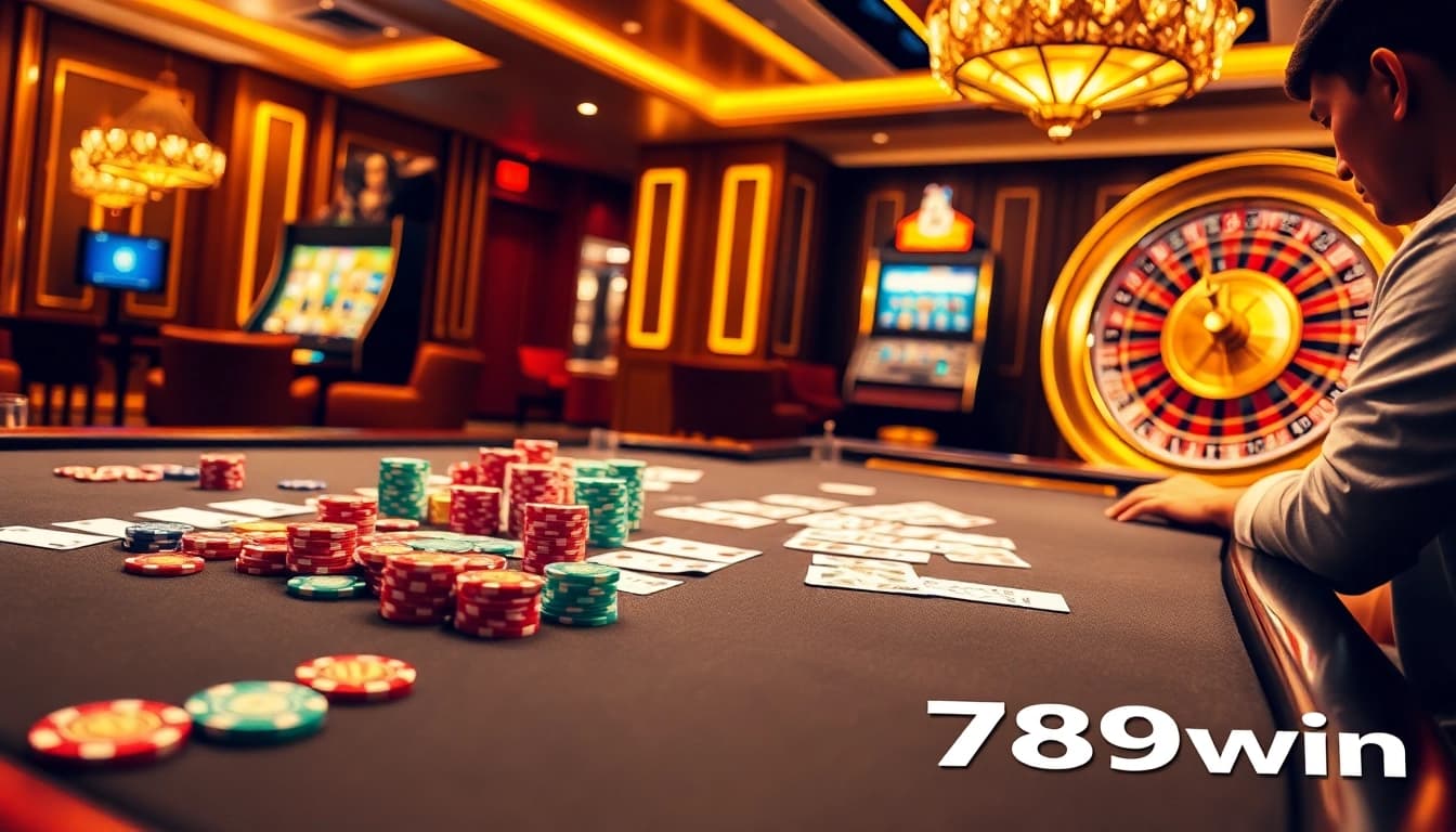 A dynamic casino scene showcasing poker chips and a roulette wheel, emphasizing 789win's thrilling gambling experience.