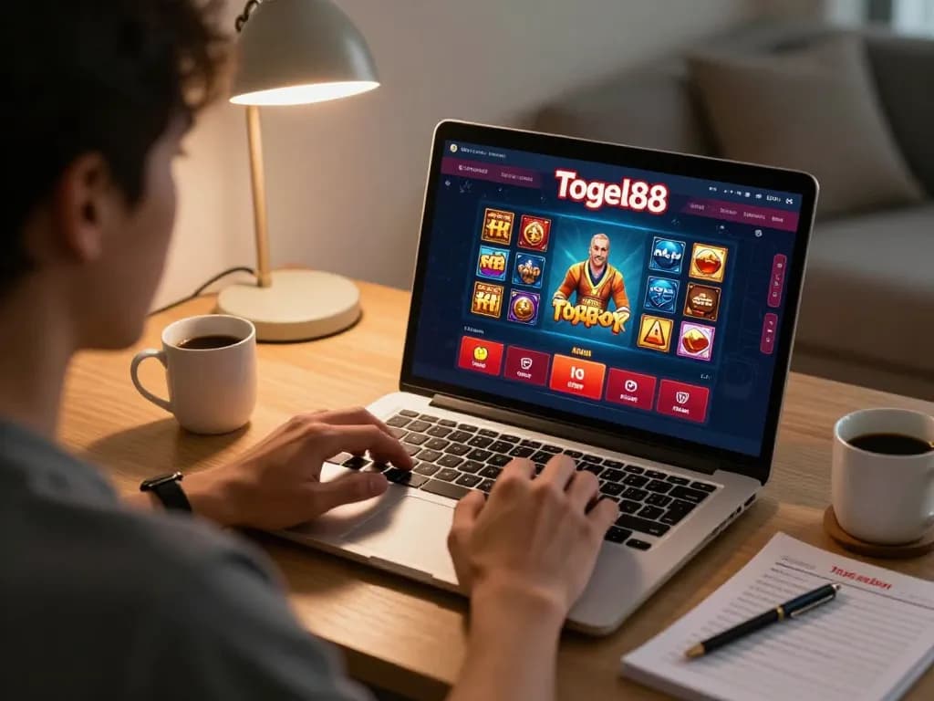 Togel88 Login Link Alternatif showcased in an online gaming experience at home, player focused on game.