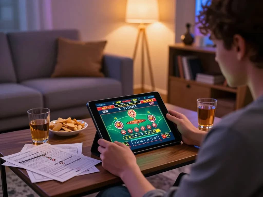Engaging gaming moment on 388bet with a person placing bets on a tablet in a cozy living room.