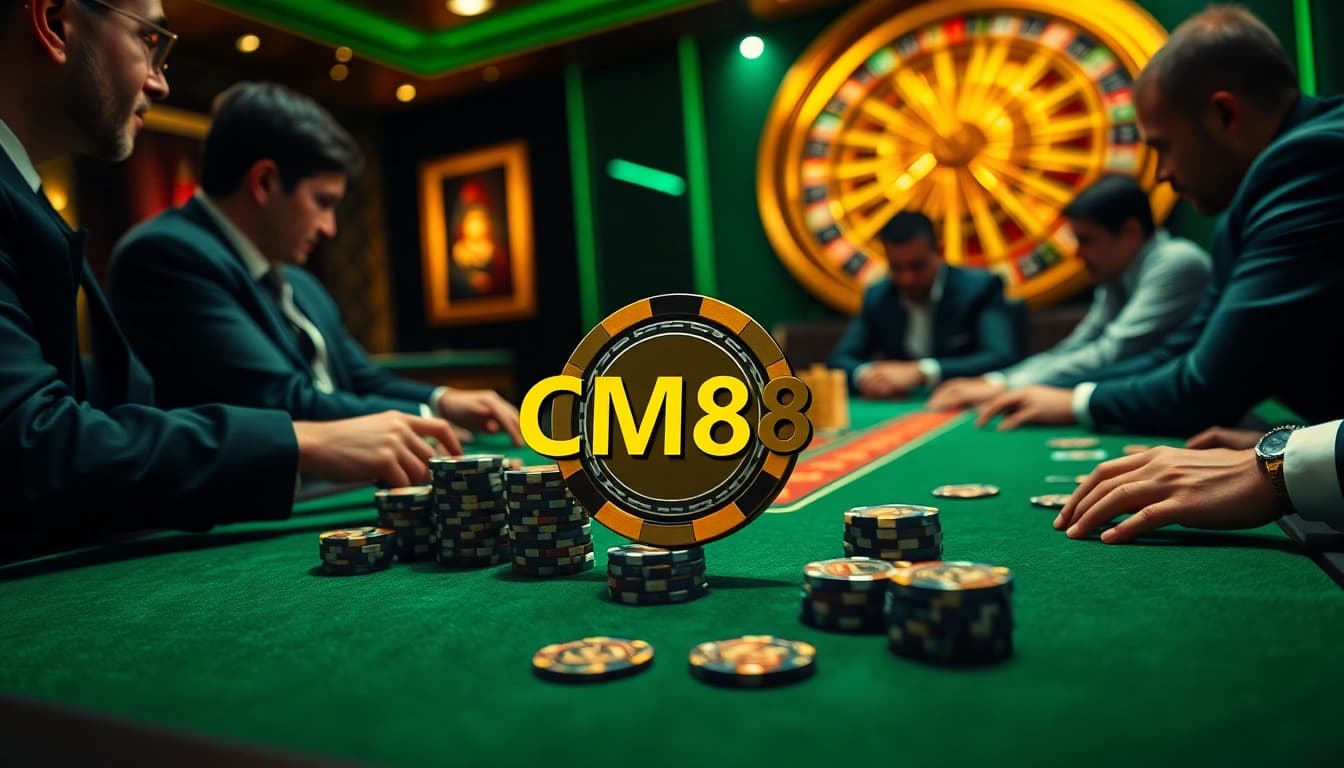 Casual gamblers enjoying a high-stakes game at a luxurious casino table featuring CM88 poker chips prominently displayed.
