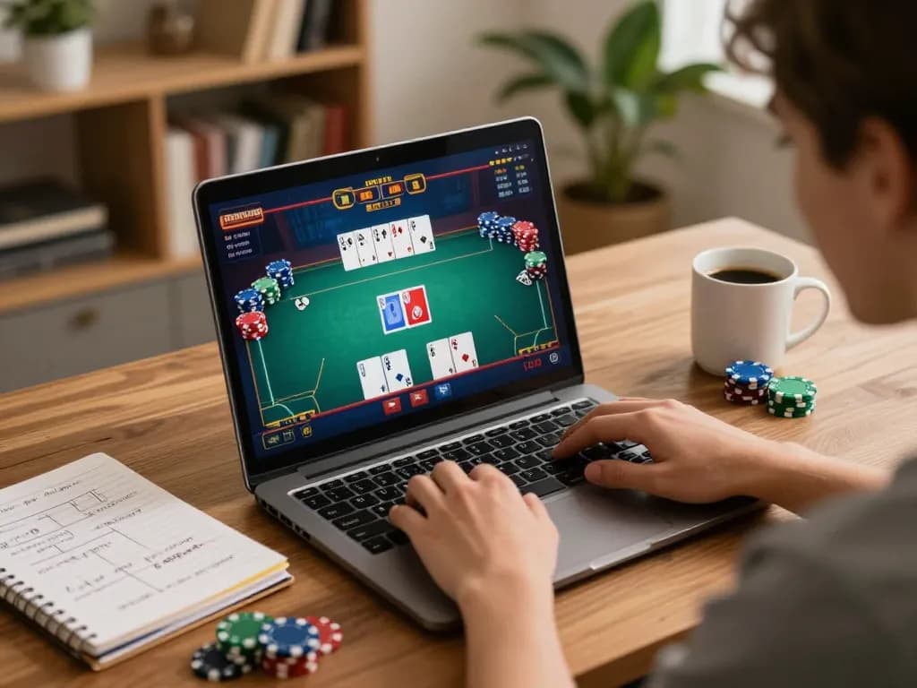 Engaged player using lc88 online poker platform on laptop with strategy notes at hand.