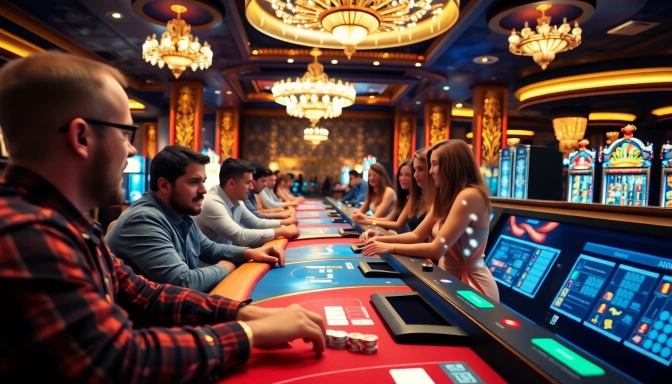 Online casino spielen in einer lebhaften Casino-Umgebung mit Spielern an verschiedenen Tischen.