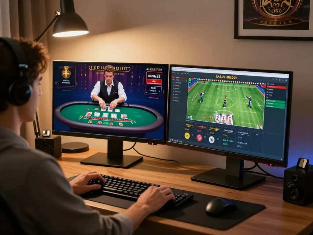 CM88 players engaging in online blackjack and sports betting with dual monitors in a stylish home environment.