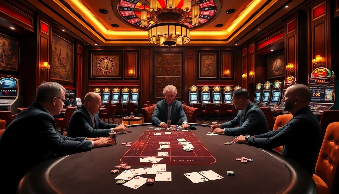 Players engaging in a high-stakes poker game at https://kong88.win, surrounded by luxurious casino decor and vibrant slot machines.
