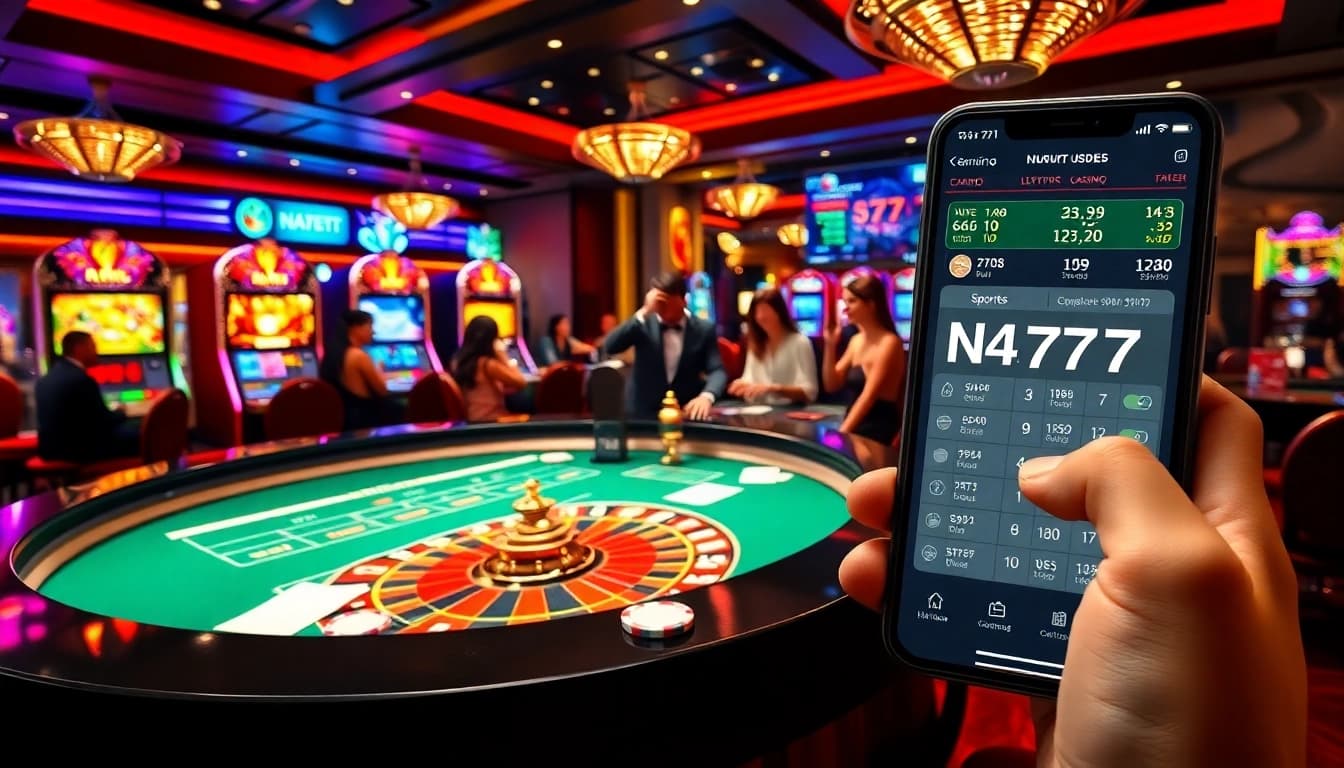 NA777 brings excitement to online gambling with a vibrant casino scene showcasing roulette and slot machines.