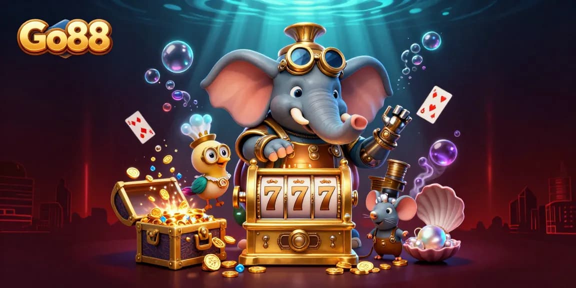 Spin the reels on Go88 with the steampunk elephant, colorful gems, and vibrant casino elements.