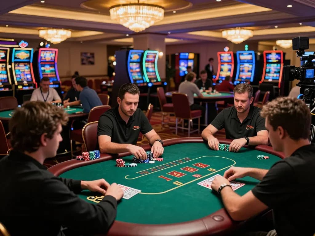 Players engaged in high-stakes poker at FO88 casino, dynamic atmosphere highlighted by illuminated tables and colorful chips.