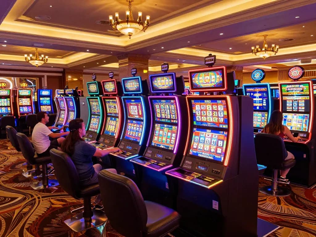 Sky88 players enjoying vibrant slot machines in an upscale casino atmosphere with exciting gameplay.