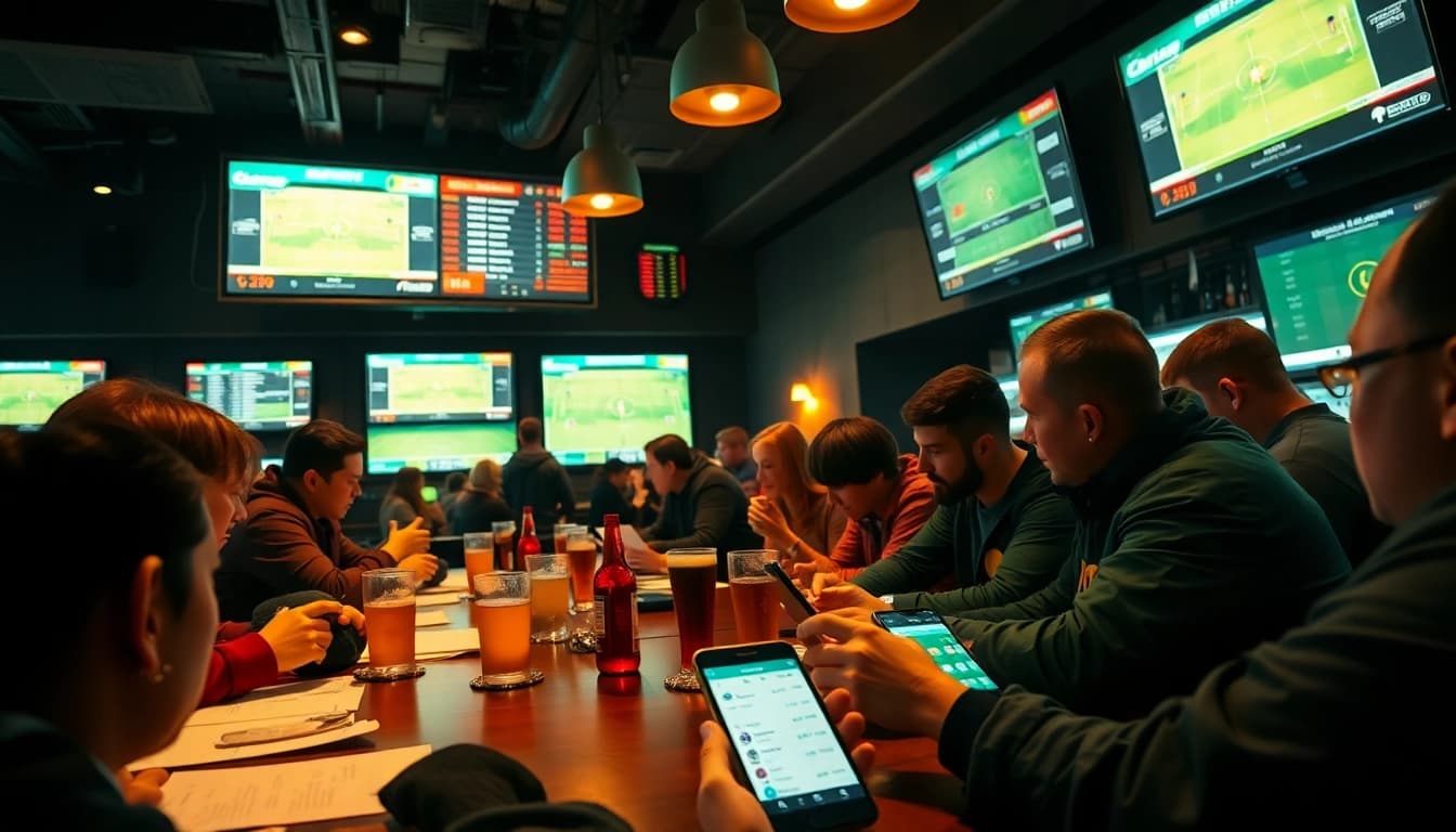 Exciting scene of football fans analyzing kèo nhà cái in a lively sports bar environment.