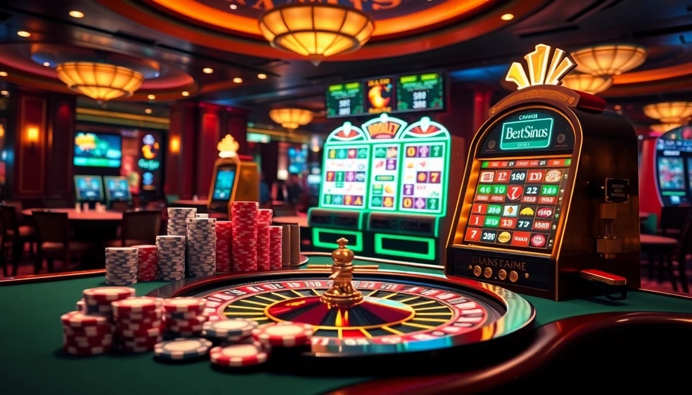 Experience the thrilling games at bro138 with colorful slot machines and vibrant casino tables.