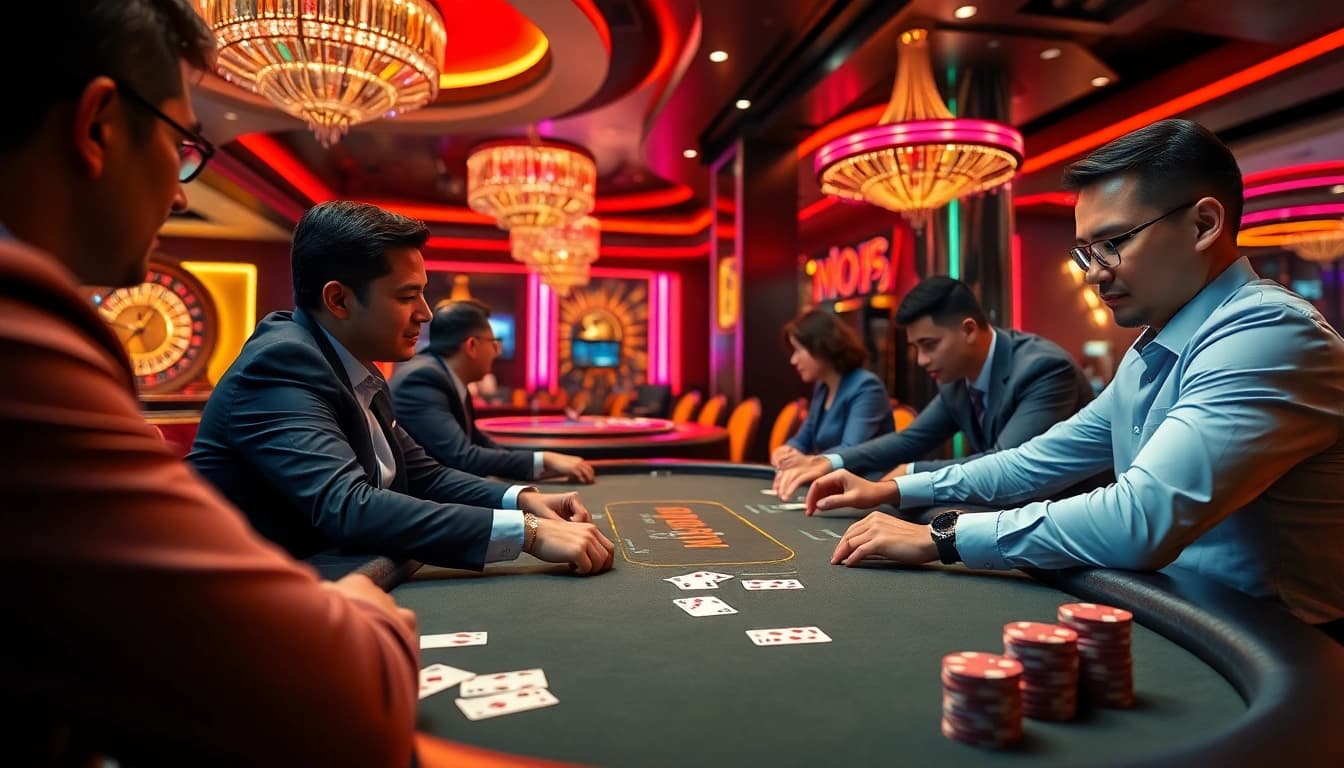 Experience nohu table gaming excitement with professional players and vibrant casino decor.