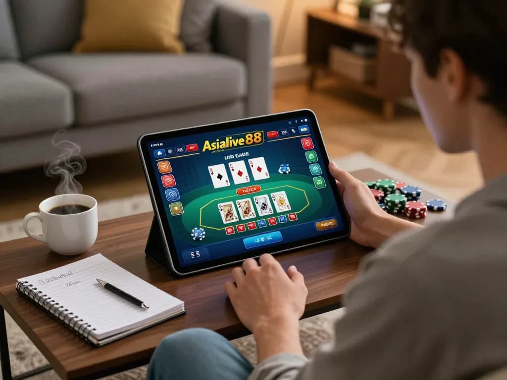 Experience Live Chat Asialive88 while playing on a tablet in a cozy home setting