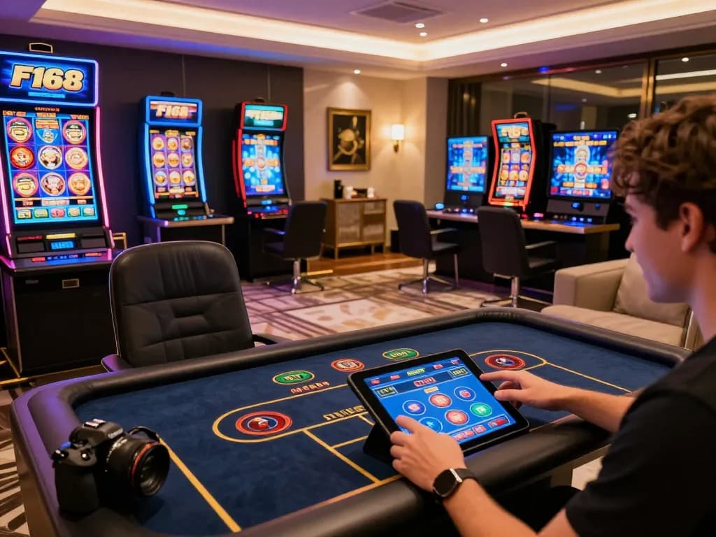 Engaging gaming moment on F168 themed slot machines in a stylish home setup.