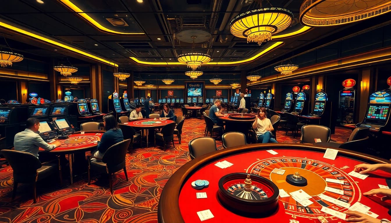 Players enjoying various games at a luxurious casino featuring 88aa branding elements.