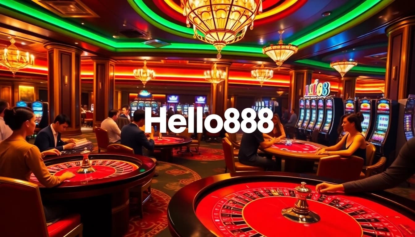 Players enjoying exciting games at Hello88 casino with roulette, cards, and slot machines.