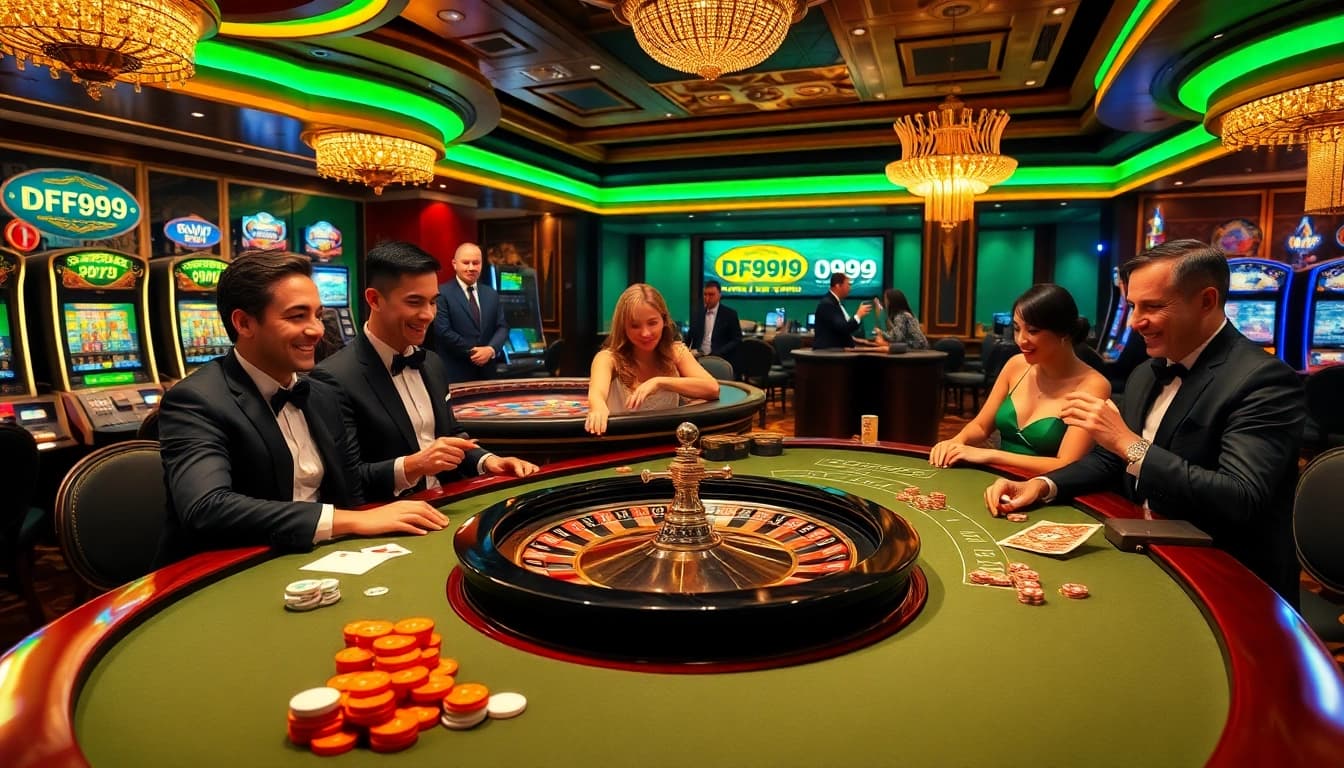 Players engaging at a DF999 casino table, showcasing excitement and vibrant gameplay.