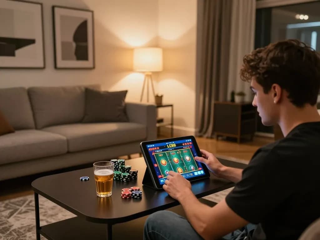 Player engaging with LC88 online casino app on tablet with chips and drinks nearby.