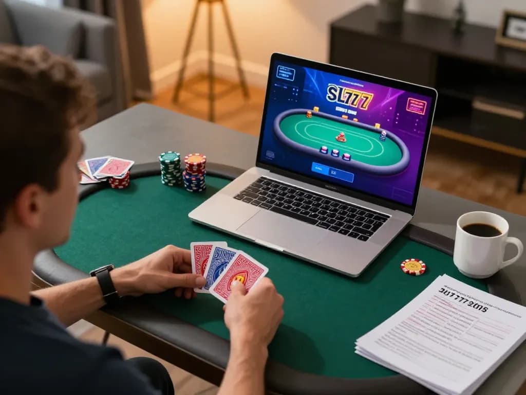 Permainan poker online yang menarik menampilkan antarmuka sl777 dengan pemain yang memegang kartu di kantor rumah yang stylish.