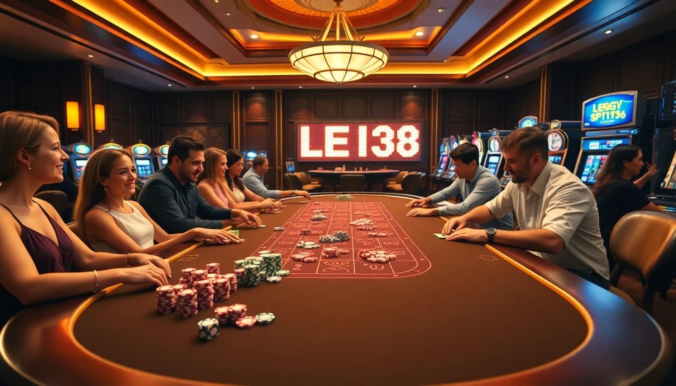 Players at the LEGO138 casino engage in exciting games, showcasing vibrant slot machines and poker chips.