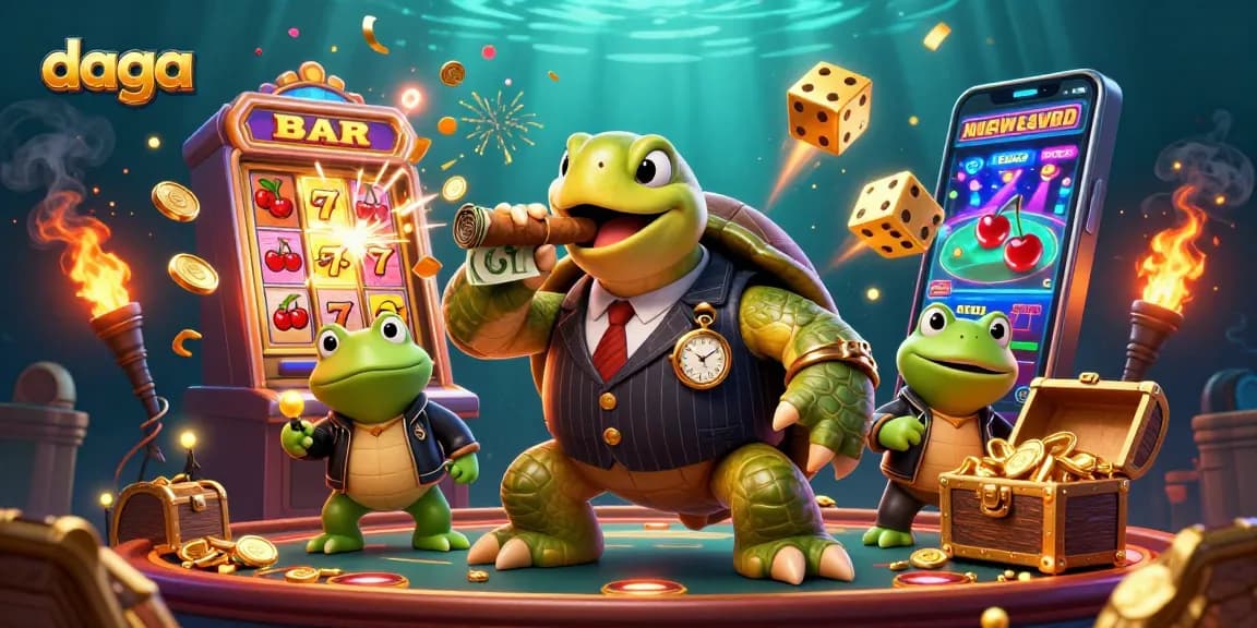 Engaging scene of daga's vibrant gaming world featuring a snapping turtle and bullfrog characters.
