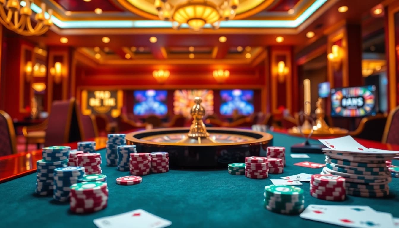 Engaging casino scene highlighting King88 poker chips, vibrant game tables, and dynamic online gambling.