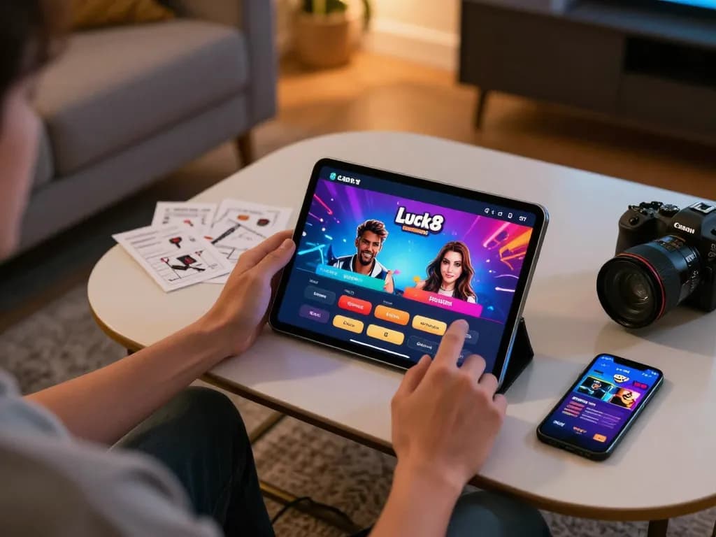 Engaging with the Luck8 trang chủ casino interface on a tablet in a cozy home setup, combining entertainment with responsible gaming.