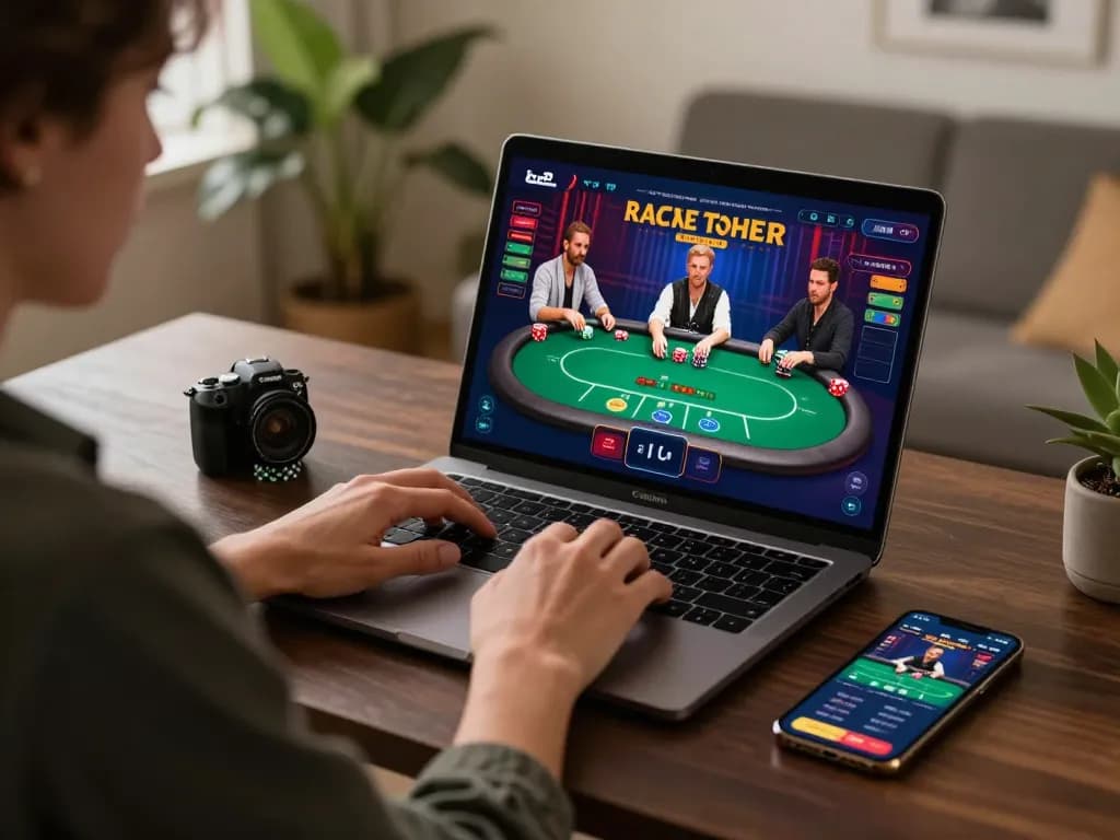 Person engaging in online poker at home, showcasing 11win gaming strategies with laptop and mobile app.