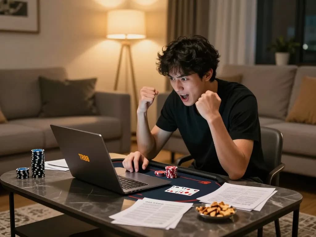 Engaged player using TR88 for online poker, showcasing strategy and excitement.