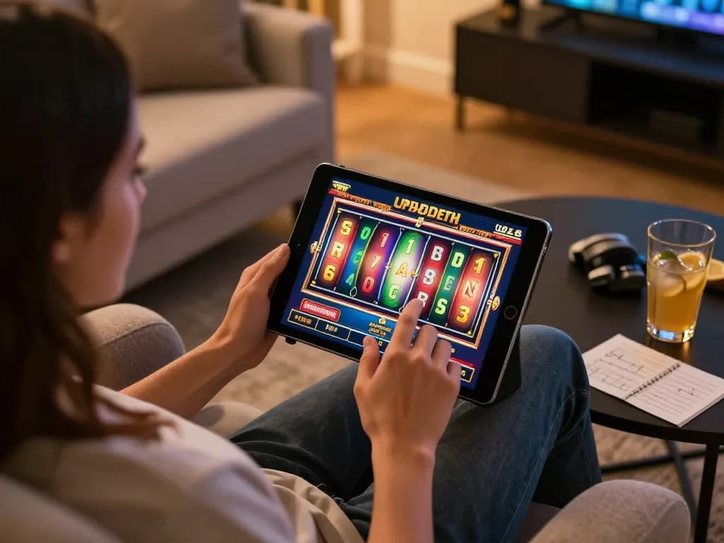 Engaged player at home using a tablet for shbet com slots, showcasing immersive online gaming.