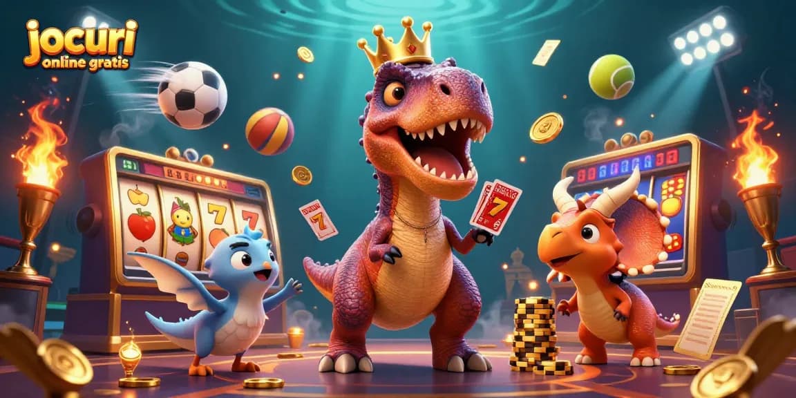 Joacă jocuri casino online gratis cu un T-Rex amuzant și prietenos, ajutat de un pterodactil, într-o atmosferă plină de frumusețe 3D.