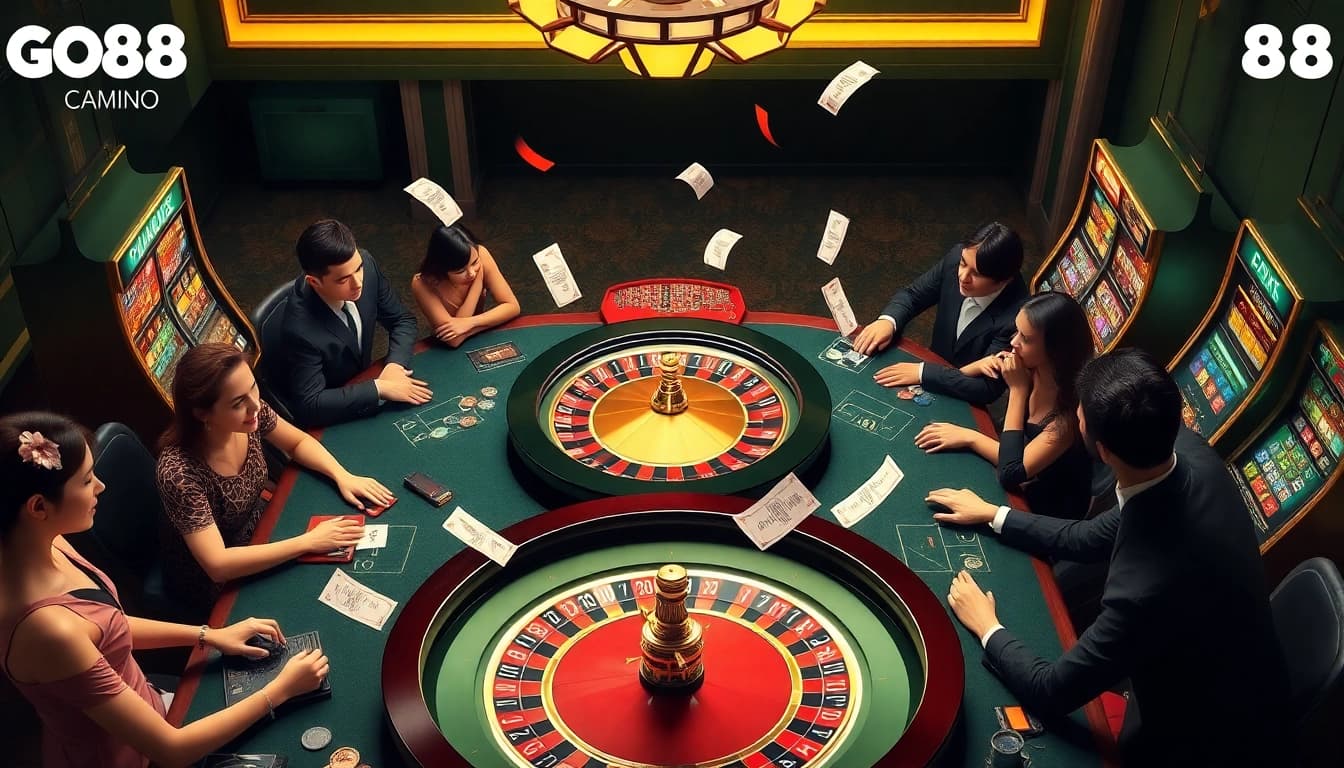 Players enjoying thrilling games at Cổng Game GO88, featuring vibrant casino visuals and live betting action.