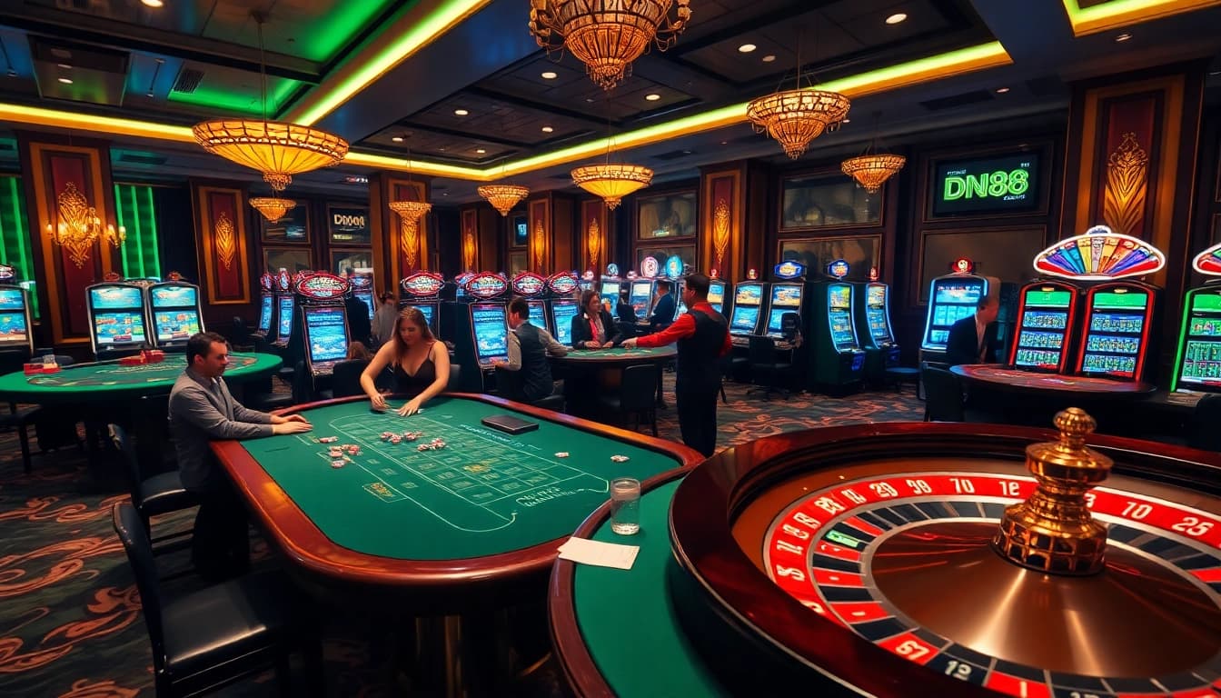 An exciting scene portraying dn88 casino gameplay with vibrant tables, flashing slots, and intense roulette action.