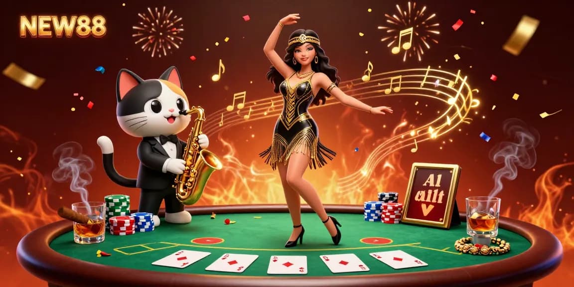 Celebrate winning moments at NEW88 with exciting poker action and vibrant confetti in this lively casino scene.