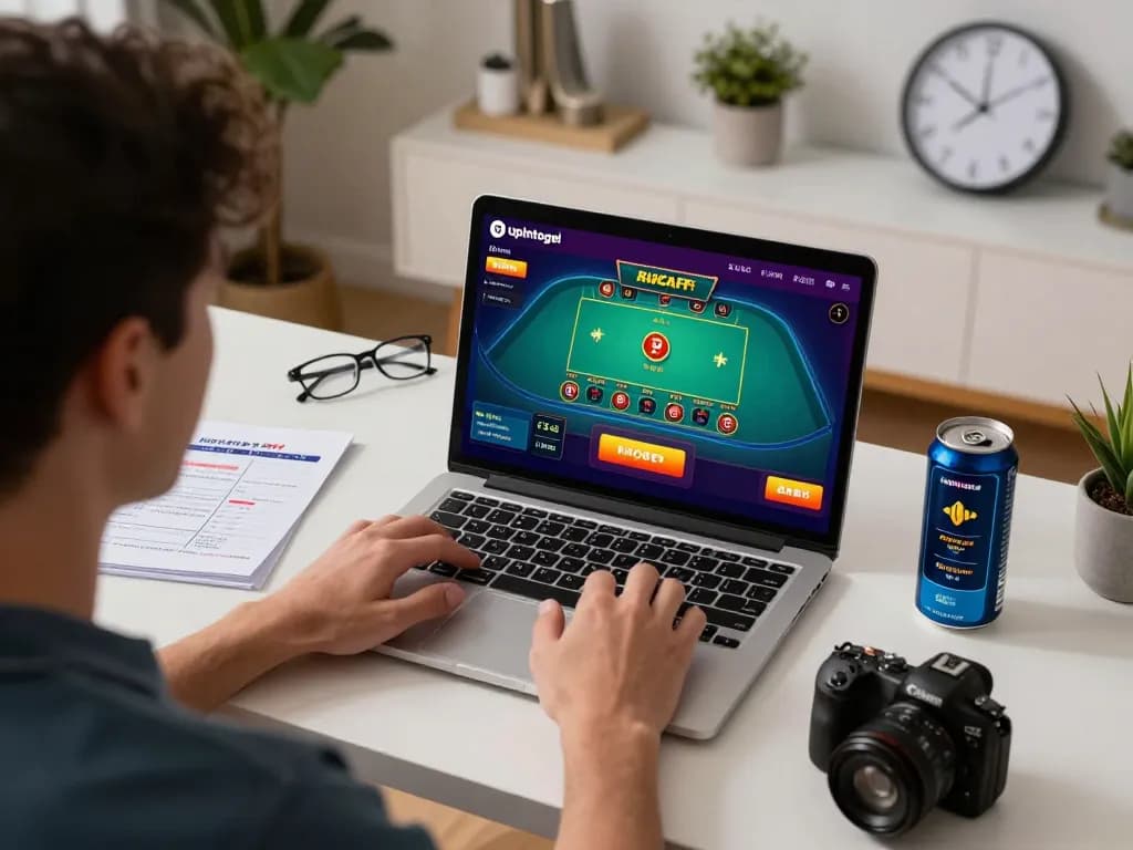 Player engaging with upintogel live dealer game on laptop, promoting responsible gaming in stylish home office.