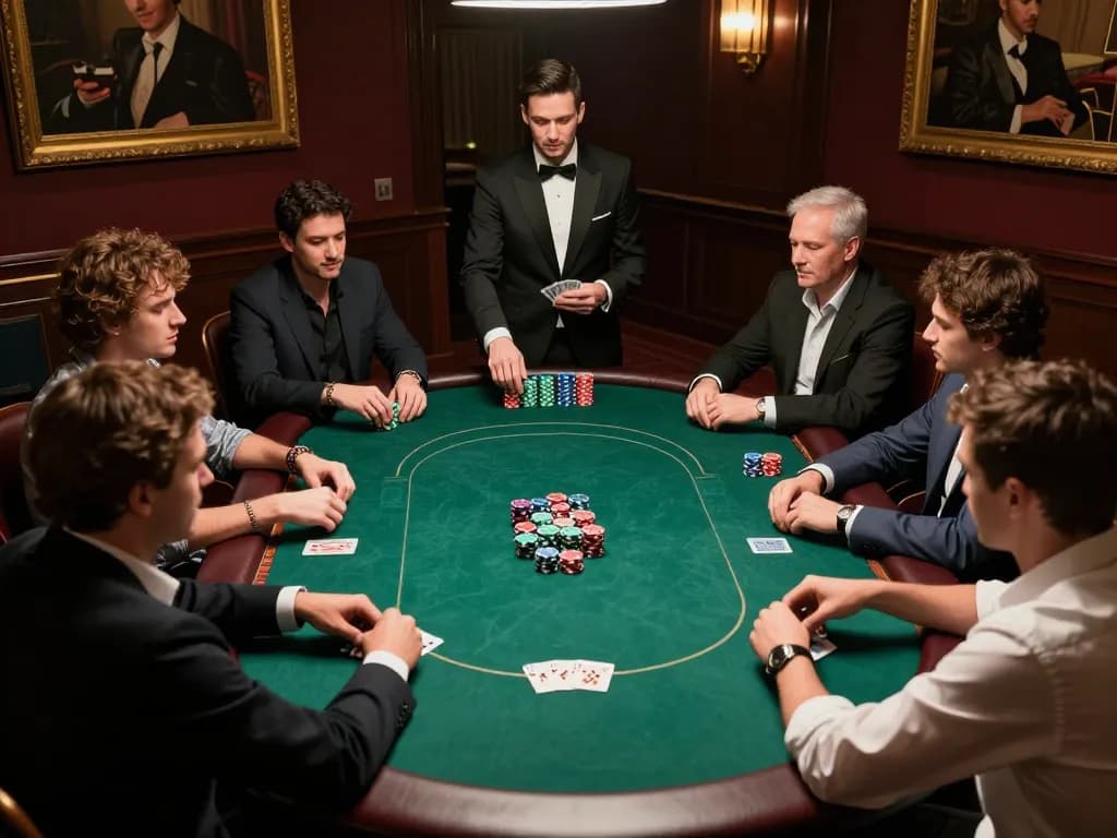 Luck8 poker room filled with players engaged in a high-stakes game, chips and cards in action