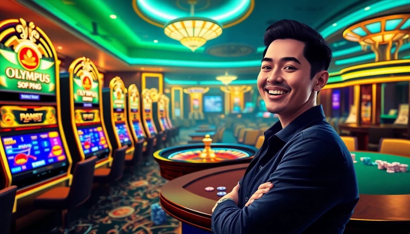 Experience the thrill of OLYMPUS88 slots with vibrant machines and a luxurious casino setting.