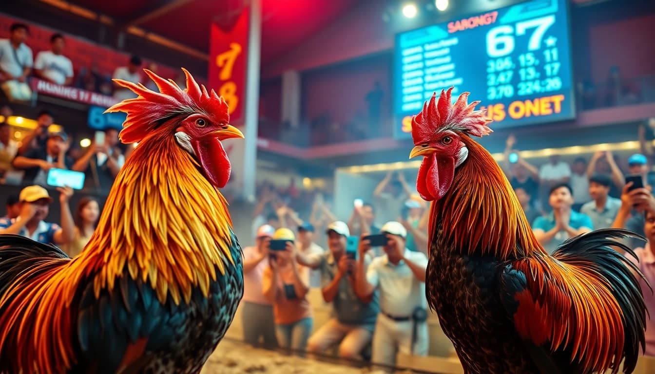 Exciting live cockfighting scene at Sabong 67, showcasing vibrant roosters and enthusiastic spectators.