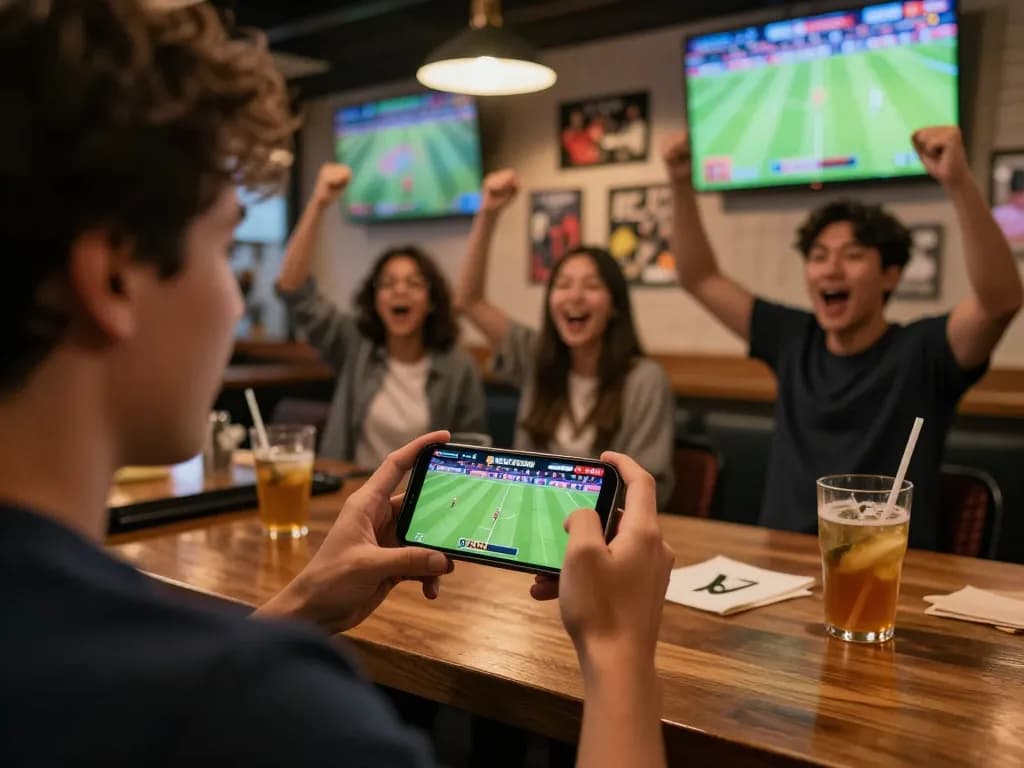 KÈO TRỰC TUYẾN betting action as friends cheer while placing live sports bets in a vibrant bar setting.