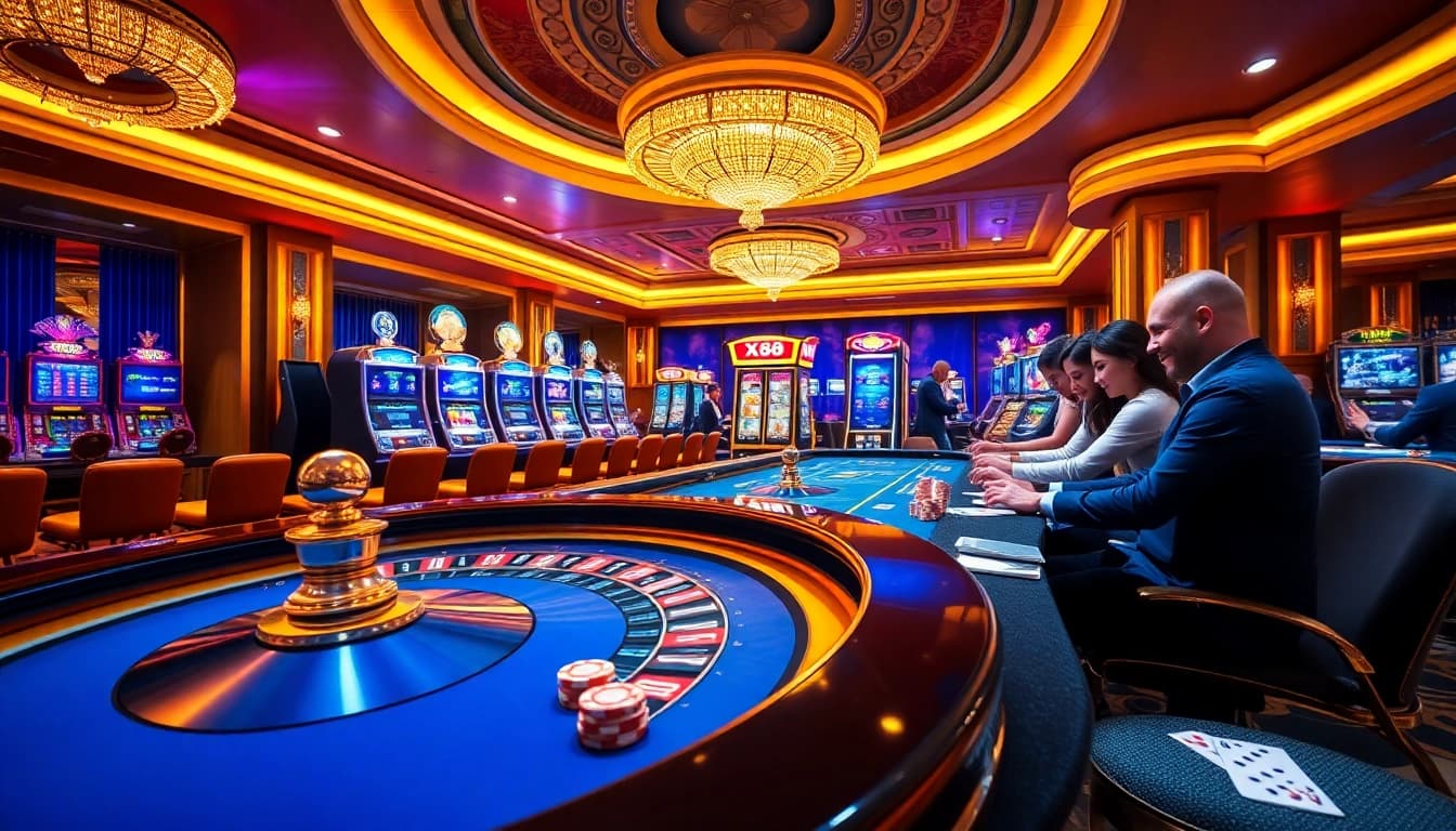 Players enjoying gaming excitement at XX88 casino with roulette and poker tables.